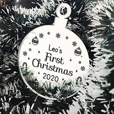 Image of First Christmas Decoration For New Baby Engraved Bauble Personalised