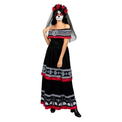 Image of Funidelia Catrina Costume for woman Sugar skull, Day of the Dead, Horror adults accessory fancy dress &amp; props Halloween, carnival parties Size M Black