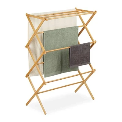 Image of Relaxdays Bamboo Foldable Drying Rack, Towel Holder, HWD: 106 x 74 36 cm, 11 Bars on 6 Levels, Clothes Stand, Natural