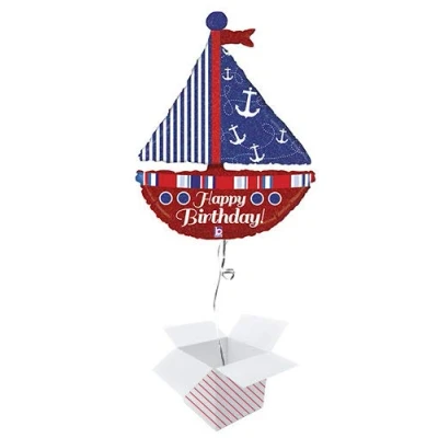 Image of Nautical Birthday Sailboat Holographic Helium Foil Giant Balloon Inflated in a Box