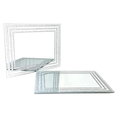 Image of The Leonardo Collection Set of 2 Mirrored Glass Placemats Modern Silver Glitter Square Dining Table Place Mats
