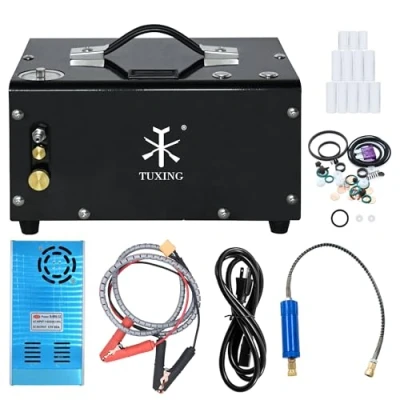 Image of TUXING PCP Air Compressor,4500Psi 30Mpa,Oil/Water Free,Built in Drain System,Powered by Car 12V DC or Home 110V AC with Adapter (Included),Pump for Rifles and Airguns