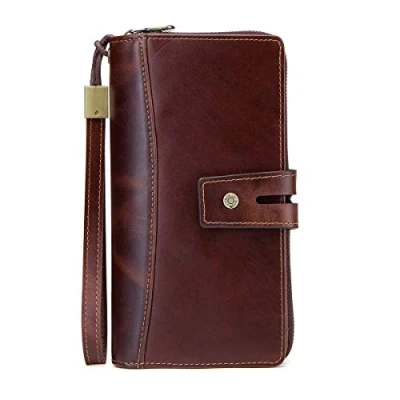 Image of Contacts Genuine Leather Wallet for Mens/Women Secretary Checkbook Phone Holder Purse Zipper Bussiness Clutch with Wristband(Coffee)