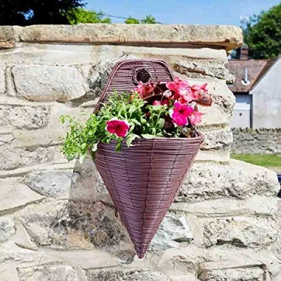 Image of Garden Mile 14in Chestnut Cone Rattan Hanging Basket Outdoor Durable For Decorations, Patio Flower Planters Weatherproof Planter (Chestnut Wall Torch 14in)