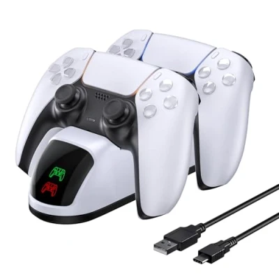 Image of NexiGo DOBE Newest PS5 Controller Charger, Dual Charing Station with LED Indicator, High Speed, Charging Dock for Playstation 5 DualSense Controller, White