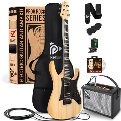 Image of Pyle Prog Rock EG Series Electric Guitar with Amp Kit, 39&quot; Full Size Dual Humbucker Pickups, Low Profile Neck and Solid Paulownia Body, Premium Accessory Kit Included (Natural Gloss)