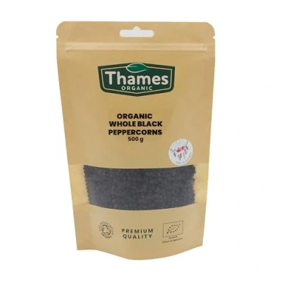 Image of Organic Whole Black Peppercorns Certified Organic, Non GMO, Vegan, No Additives, Preservatives, Resealable Bag by Thames 500g