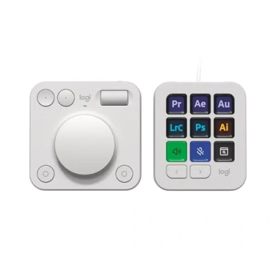 Image of Logitech MX Creative Console, Programmable Keypad with 9 Customisable LCD Keys and Control Dial for Graphic Design, Video Editing, Photography, use Adobe, Zoom, Spotify more Pale Grey