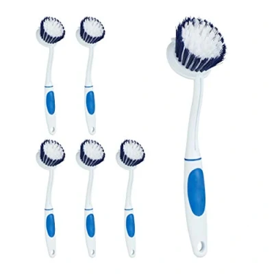 Image of Relaxdays Dishwashing Brush, 6X Set, Medium Hard Bristles, Rubber Handle, Plastic, Kitchen Scrubber, Hang Up, White/Blue, 27 x 5 8 cm
