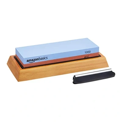 Image of Amazon Basics Knife Sharpening Whetstone, Dual Sided 400/1000 Grit Stone with Non Slip Bamboo Base, Blue &amp; Red