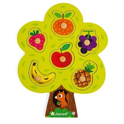 Image of Janod Fruit Tree Puzzle 6 Pieces + 1 Board Wooden Early Learning Toy Educational Game, Develop Memory From 18 Months Old, J07061