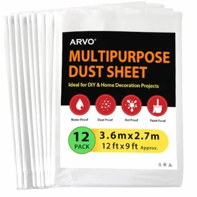 Image of ARVO 12 Pack Extra Large Plastic Dust Sheets for Decorating 3.6m x 2.75m (12ft 9ft), Waterproof Polythene Painting, Furniture, Floor Protection, Ideal with Paint Coveralls