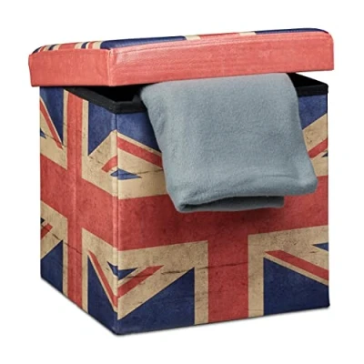 Image of Relaxdays &quot;UK Cube Folding Seat Box Ottoman with Trendy Motifs and Removable Lid, Faux Leather, Multi Colour, 38 cm