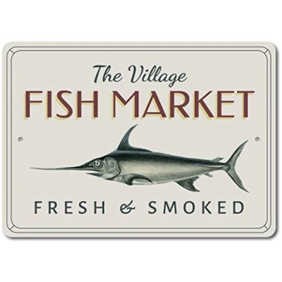 Image of Inga Fish Market Sign Decor Funny Retro Metal 8x12 inches