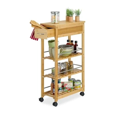 Image of Relaxdays Kitchen Cart, Bamboo, Drawer, 3 Shelves, Pantry Storage, HWD: 86.5 x 25 50.5 cm, Rolling Trolley, Natural, Plastic, Stainless Steel