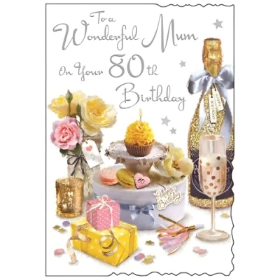 Image of Mum 80th Birthday Card Wonderful Age 80 Special Finishes and Illustrated Insert Leaf Artistic Feminine Design Cupcake Flowers Made in the UK