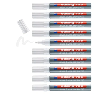 Image of edding 725 neon board marker white 10 pens chisel nib 2 5 mm whiteboard, chalkboard, glass, mirrors for shiny markings in dark rooms, surfaces dry wipeable from non porous
