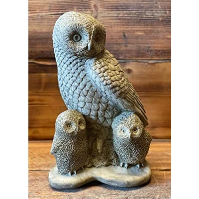 Image of STONE GARDEN LARGE OWL FAMILY WILDLIFE GIFT CONCRETE STATUE ORNAMENT