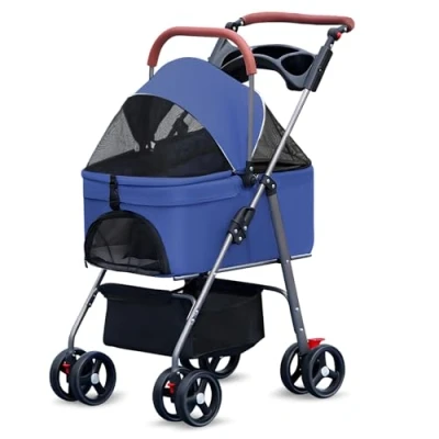 Image of loyliawa 2 in 1 Pet Stroller, Folding Dog Stroller with 4 Wheels, Dog/Cat Puppy Storage Basket, Cup Holder, Waterproof Pad, Sun Shade for Small Medium Dogs &amp; Cats Blue