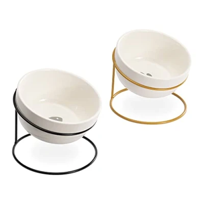 Image of Navaris Tilted Pet Bowls with Stand (Set of 2) Elevated Ceramic Cat Food Bowl Set for Cats and Small Dogs Metal Wire Stands Black Gold