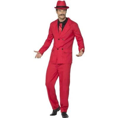 Image of Smiffys Zoot Suit, Red with Jacket, Trousers, Hat, Mock Shirt &amp; Tie, 1920&#039;s Razzle Fancy Dress, Gangster Dress Up Costumes