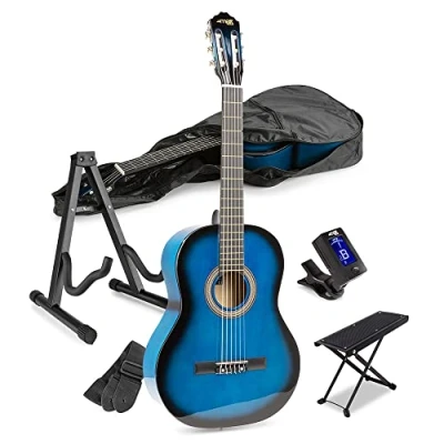 Image of MAX Classical Acoustic Guitar Starter Set with Stand, Tuner, Gig Bag, Foot Rest, Strings, SoloArt Blue