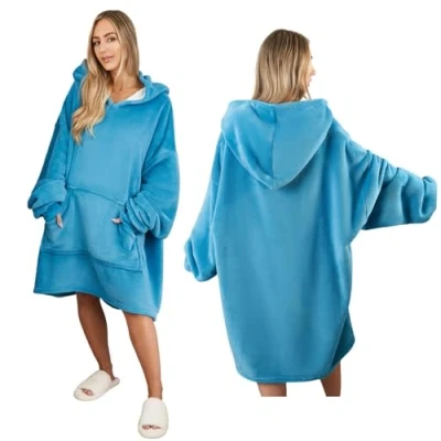 Image of Sienna Hoodie Blanket Oversized Ultra Soft Plush Warm Sherpa Fleece Wearable Throw Cosy Giant Sweatshirt Sea Blue
