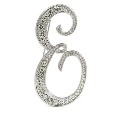 Image of &#039;E&#039; Rhodium Plated Clear Crystal Letter E Alphabet Initial Brooch Personalised Jewellery Gift 50mm Tall