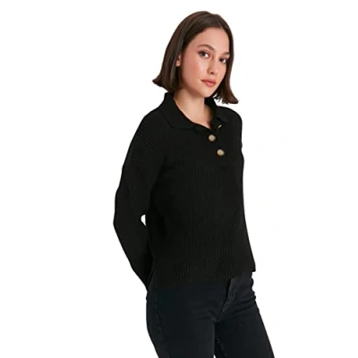 Image of Trendyol Women&#039;s V neck Plain Fitted Sweater Sweatshirt, Black, L UK