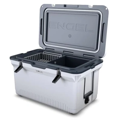 Image of ENGEL Ultra Light Cooler Box, 60qt (56.8 litres) Injection Molded Cooler, Keeps Ice up to 7 Days, Large Cool Box with Wire Basket, Divider &amp; Built in Bottle Opener, 75 x 45.7 43.2 CM