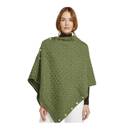 Image of Aran Woollen Mills Supersoft Merino Wool Buttoned Irish Cape/Poncho (Meadow Green)
