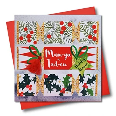 Image of Welsh Grandma &amp; Grandad Christmas Card, Mam gu a Tad cu, Tassel Embellished