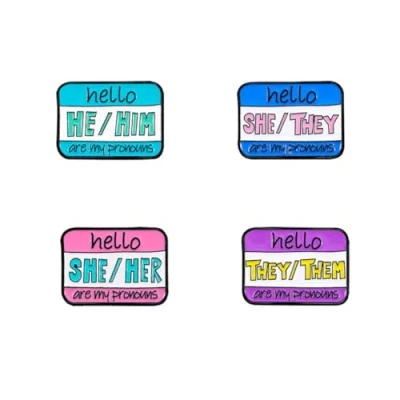 Image of Hello She Her Him He They Them Are My Pronounce Pin Badge Button LGBTQ 4PCs Pink Blue Purple Enamel English Letters Brooch Women Men Jewelry Gift Bag Coat Accessories Decor