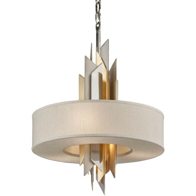 Image of Modernist 4 Light Pendant Polished Stainless Steel, Gold Leaf, Fabric Shade