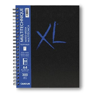 Image of CANSON XL Textured Mixed Media 300gsm A4 Paper, Medium Grain, Spiral Pad Long Side, 34 White Sheets, Ideal for Professional Artists &amp; Students