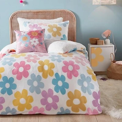 Image of Bedlam Flower Teddy Fleece Duvet Cover Double Bedding Size (200 x 200cm) Reversible (2 Designs) Super Soft &amp; Cosy for Girls Floral in Kids Bed Set
