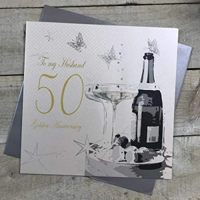 Image of white cotton cards Large to My Husband Golden Wedding, Handmade 50th Anniversary Card, White, XLBD50H