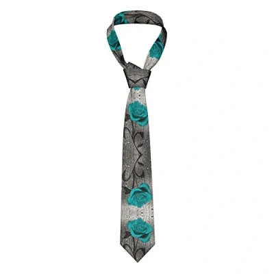 Image of Teal Gray Rose Flower Printed Ties For Men Fashion Suit Tie Classic Neck Skinny Wedding Business Formal Neckties