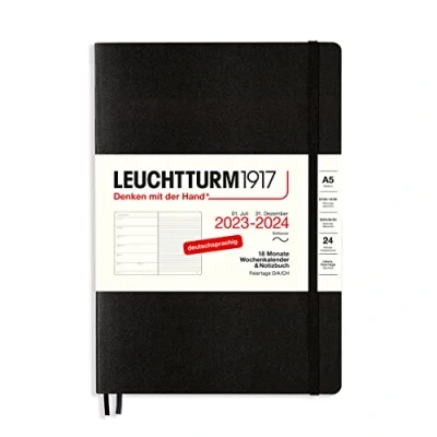 Image of LEUCHTTURM1917 367865 Weekly Pl. &amp; Notebook Medium (A5) 2024, with Booklet, 18 Months, Softcover, Black, German