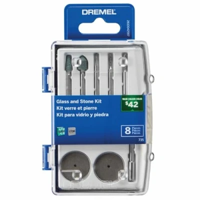 Image of Dremel 735 01 Glass Etching Rotary Tool Accessories Kit 8 Piece Set Includes Grinding Stones, Polishing Disc, and Diamond Drill Bit, Blue