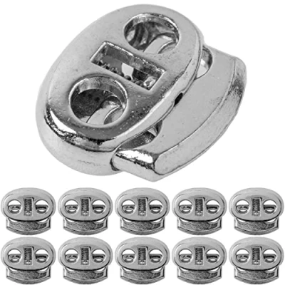 Image of Metal cord stopper with 2 hole opening, pack of 10, up to 4 mm diameter cord, silver, band clamp for jacket, sportswear, backpack, rubber stopper, quick release shoelaces, slide