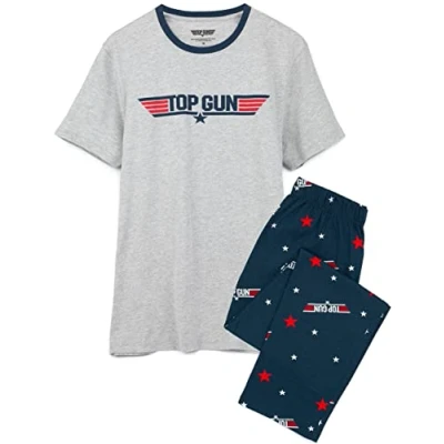 Image of Top Gun Mens Pyjamas Adults Fighter Action Movie Logo Grey T Shirt With Navy Long Bottoms Pjs Merchandise XL