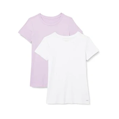 Image of Amazon Essentials Women&#039;s Tech Stretch Short Sleeved Crew Neck T Shirt (Available in Plus Size), Pack of 2, Bright White/Lilac, S