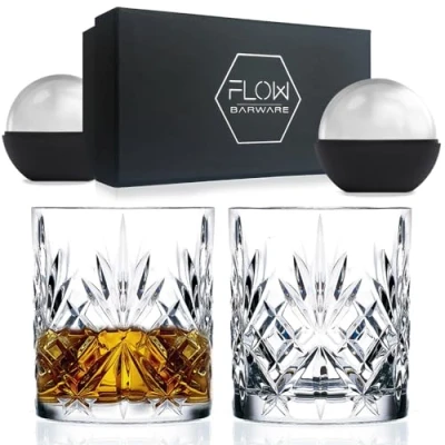 Image of FLOW Barware Classic Whiskey Glasses Set of 2 Crystal Whisky Gift Heavy Tumbler Glass for Rum, Scotch, Bourbon Gin &amp; Tonic Negroni Cocktails