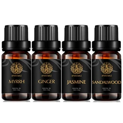 Image of Aromatherapy Sandalwood Essential Oil Set for Diffuser, Jasmine Kit Humidifier, 4x10ml Therapeutic Grade Myrrh Ginger Oil, Pure