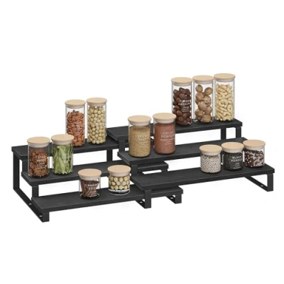 Image of SONGMICS Spice Rack, Set of 2 Cabinet Shelf Organisers, 3 Tier Extendable Holder, Engineered Wood, Stackable, for Pantry, Cupboard, Countertop, Ebony Black and Ink KCS116B01