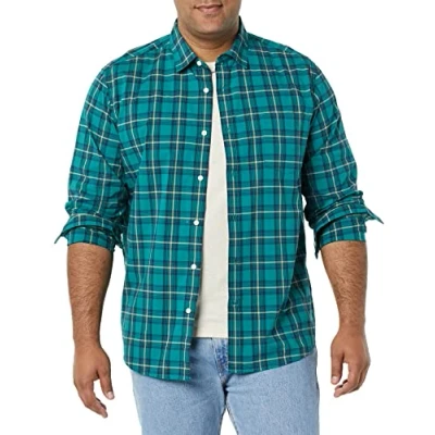 Image of Amazon Essentials Men&#039;s Long Sleeved Regular Fit Stretch Poplin Shirt, Gold Green Checked, XS