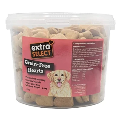 Image of Extra Select Grain Free Baked Heart Shaped Dog Treat Biscuits with Turkey &amp; Cranberry in a 3ltr Bucket (approx 320 biscuits)