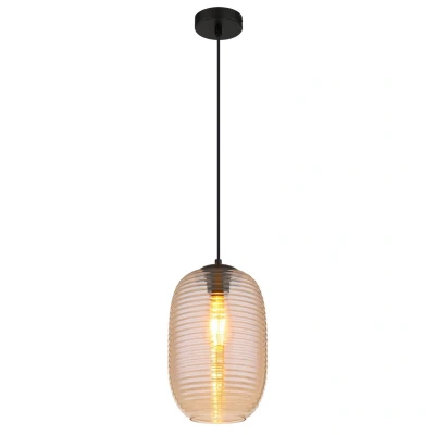 Image of Jefrey Slim Pendant Ceiling Light Matt Black Amber Glass Shade 1x E27