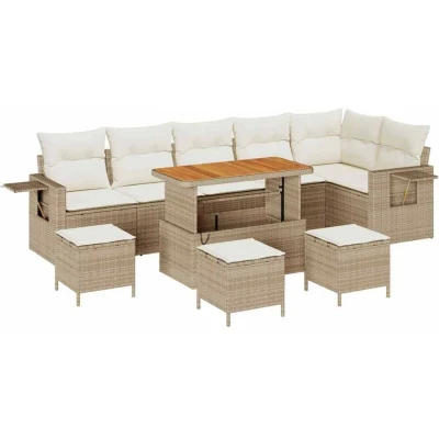 Image of vidaXL 10 Piece Garden Sofa Set with Cushions Beige Poly Rattan Acacia